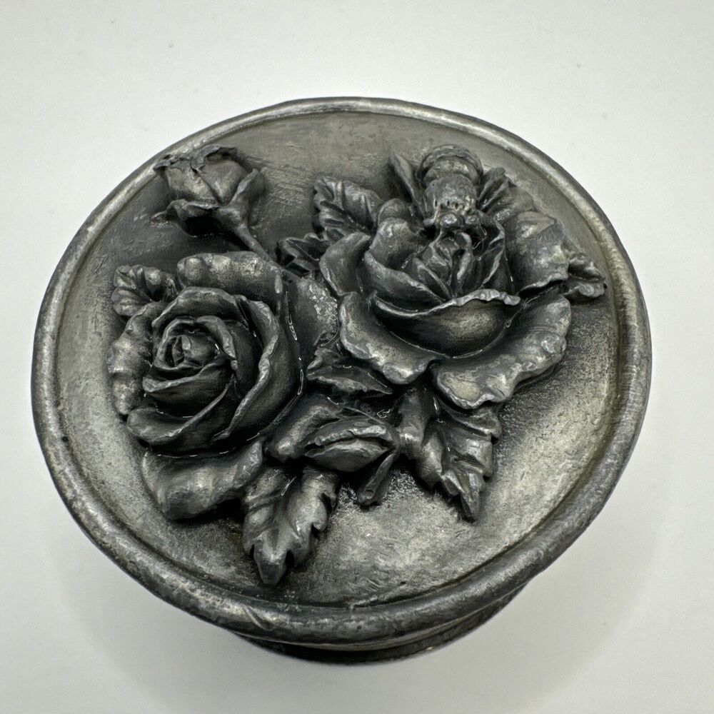 Vtg Bee on Roses Metzke Metal Pewter Round Trinket Stash Box 2"